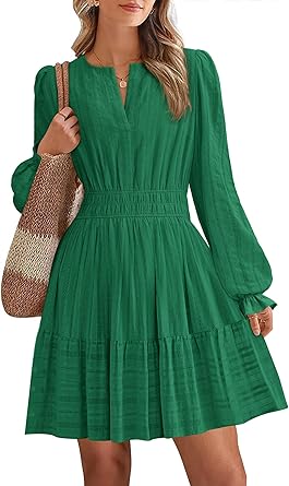 BTFBM Mini Dresses for Women 2025 Casual Lightweight Long Sleeve V Neck A Line Elastic Waist Party Holiday Dress
