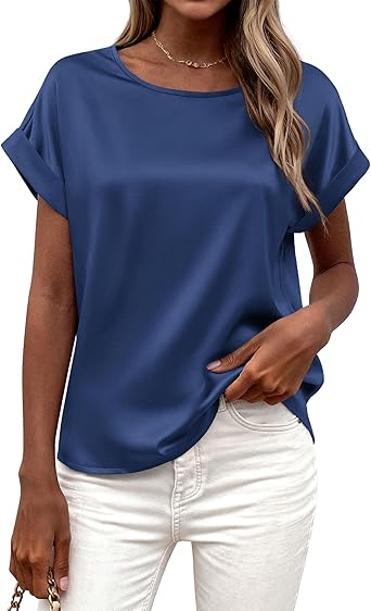 BTFBM Womens Summer Tops 2026 Satin Silk Crewneck Short Sleeve Shirts Work Business Outfits Spring Blouses Dressy Casual