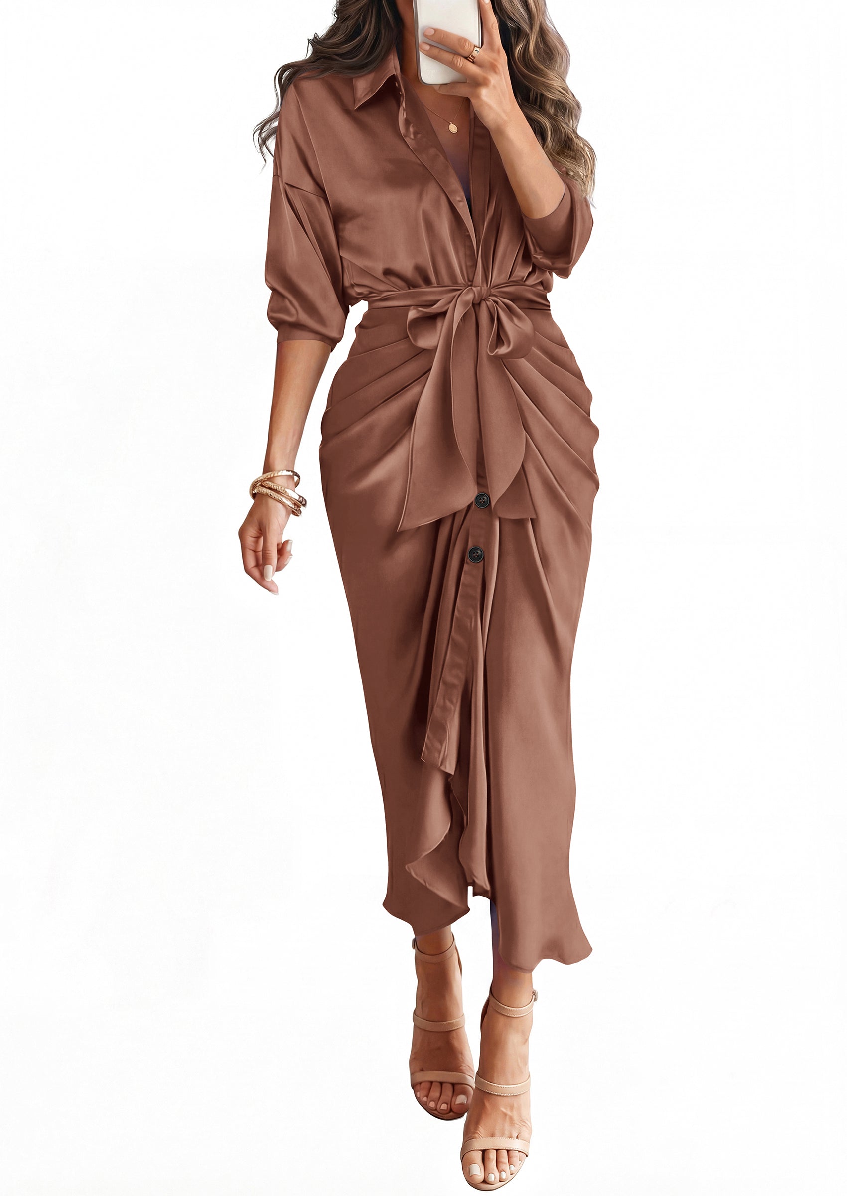 BTFBM Summer Dresses for Women 2026 Long Sleeve V Neck Button Down Elegant Belted Ruched Satin Silk Shirt Fall Dress