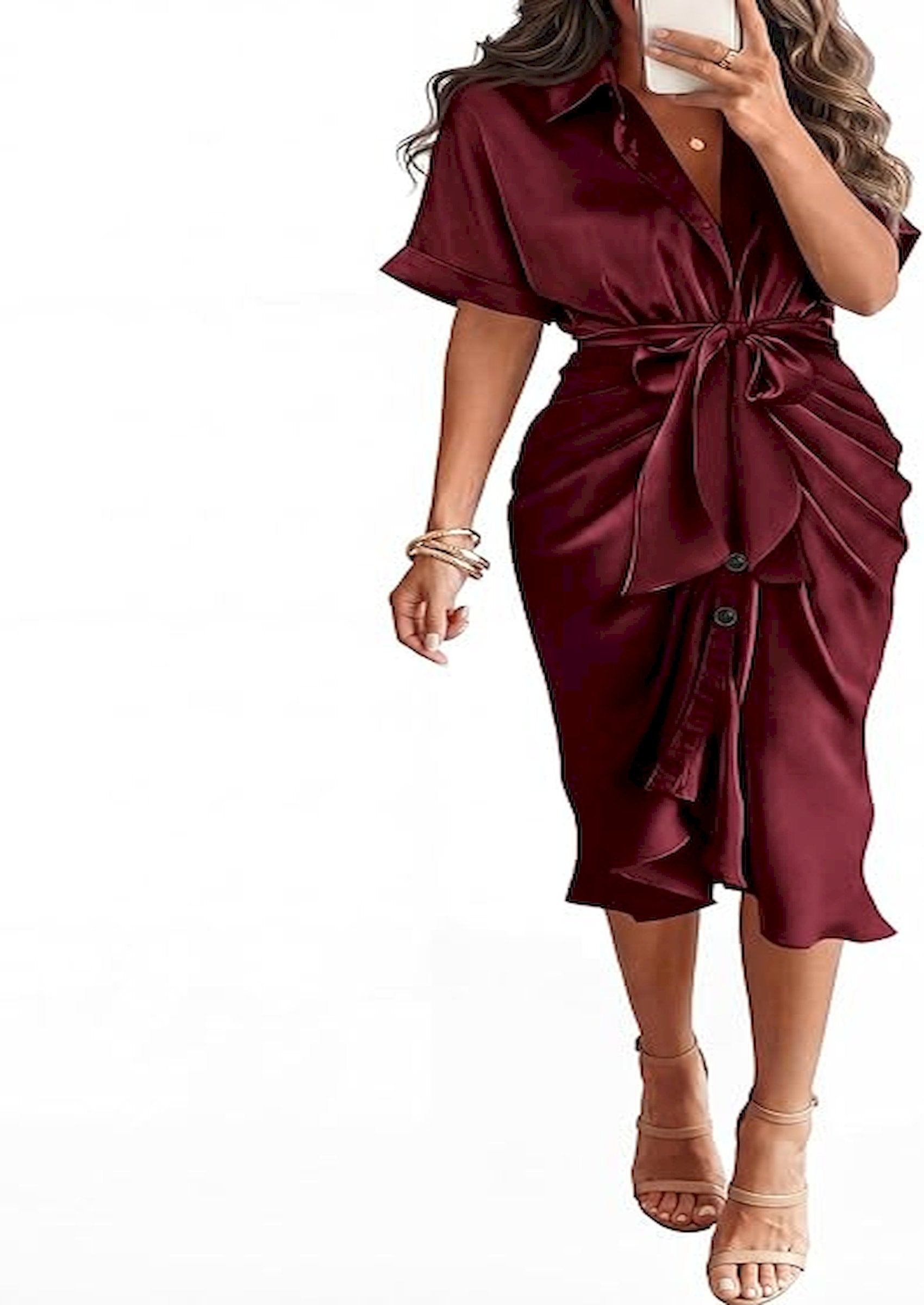 BTFBM Dresses for Women Summer Button Short Sleeve Silk Satin Ruched Spring Maxi Dress 2026 Cocktail Party Wedding