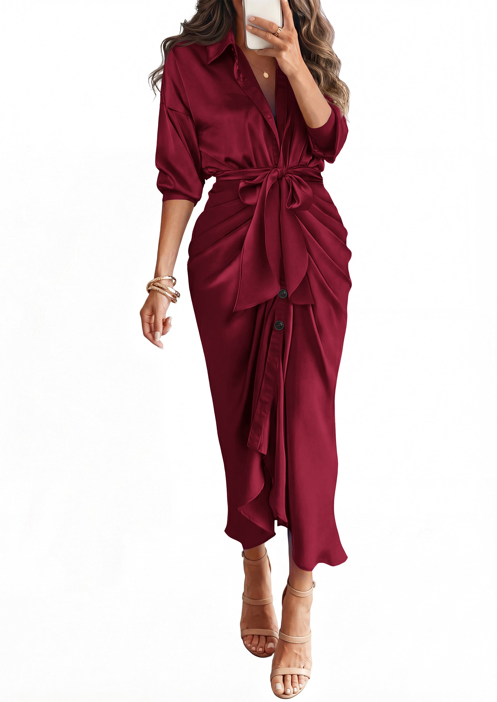 BTFBM Summer Dresses for Women 2026 Long Sleeve V Neck Button Down Elegant Belted Ruched Satin Silk Shirt Fall Dress