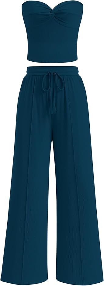 BTFBM Two Piece Sets For Women Summer Ribbed Strapless Twist Knot Tube Top Pants Set Casual 2026 Beach Vacation Outfits