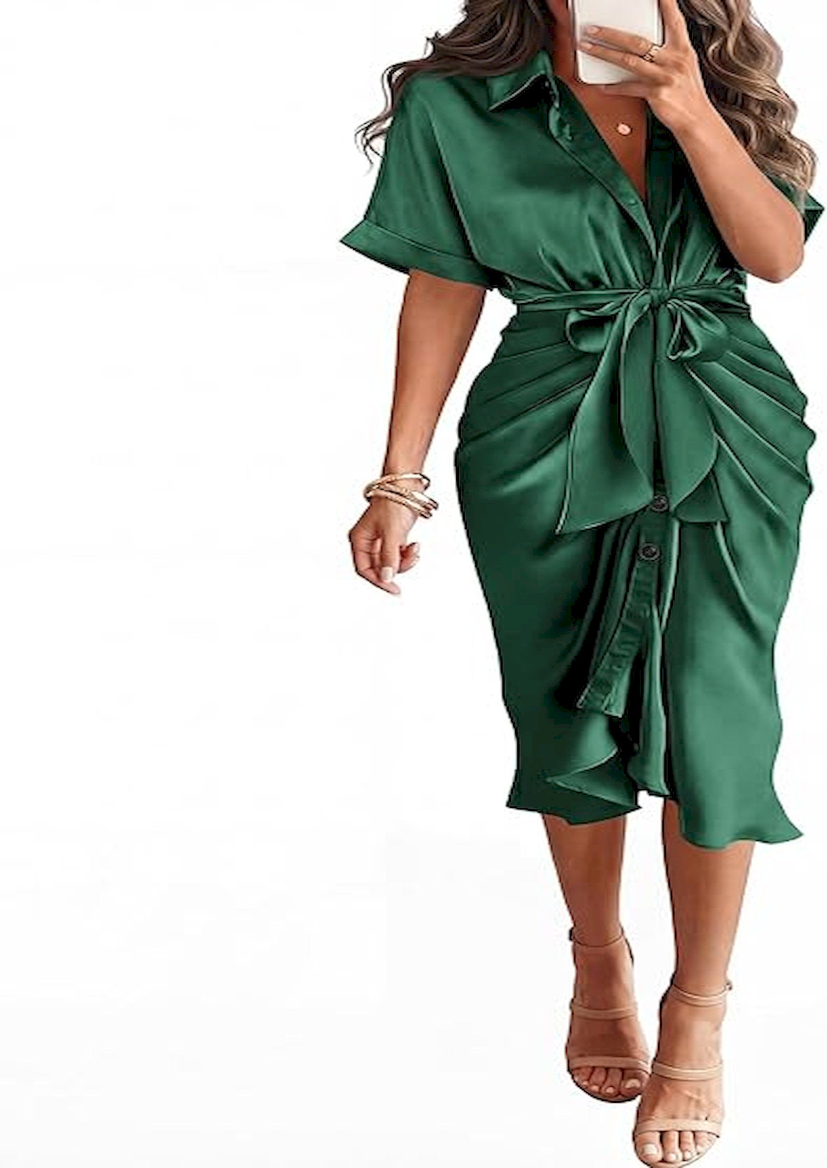 BTFBM Dresses for Women Summer Button Short Sleeve Silk Satin Ruched Spring Maxi Dress 2026 Cocktail Party Wedding