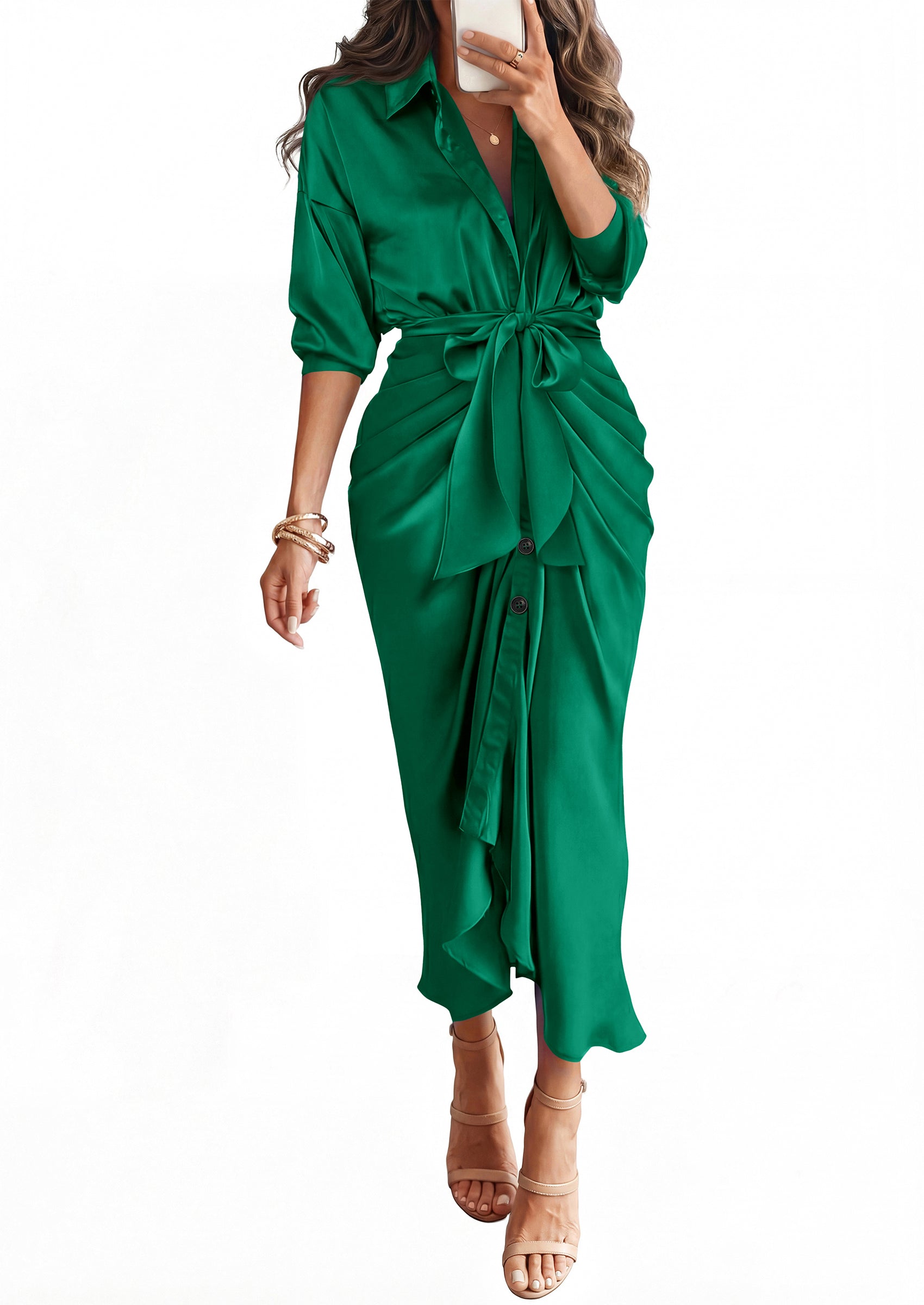 BTFBM Summer Dresses for Women 2026 Long Sleeve V Neck Button Down Elegant Belted Ruched Satin Silk Shirt Fall Dress