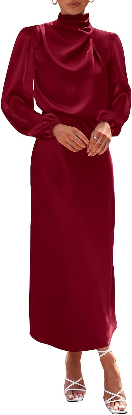 BTFBM Dresses Women Mock Neck Long Sleeve Satin Maxi Dress  Lightweight,Elastic High Waist And Cuffs,Pleated,Back Keyhole Buttons,Formal Wedding Party Cocktail Dress,Fall Outfits
