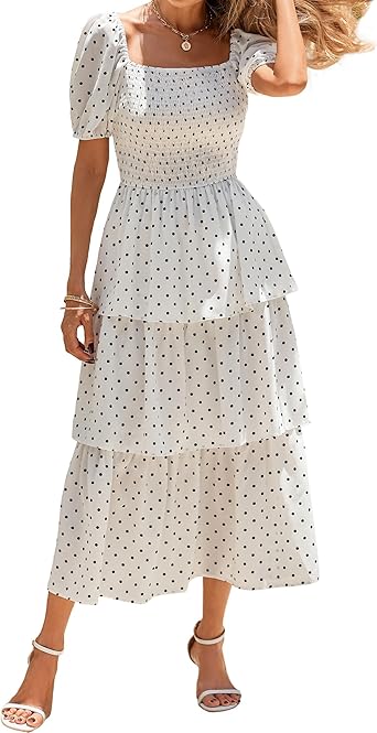 BTFBM Womens Square Neck Smocked Dress Summer Puff Short Sleeve Floral Casual Ruffle Tiered Maxi Wedding Guest Dresses