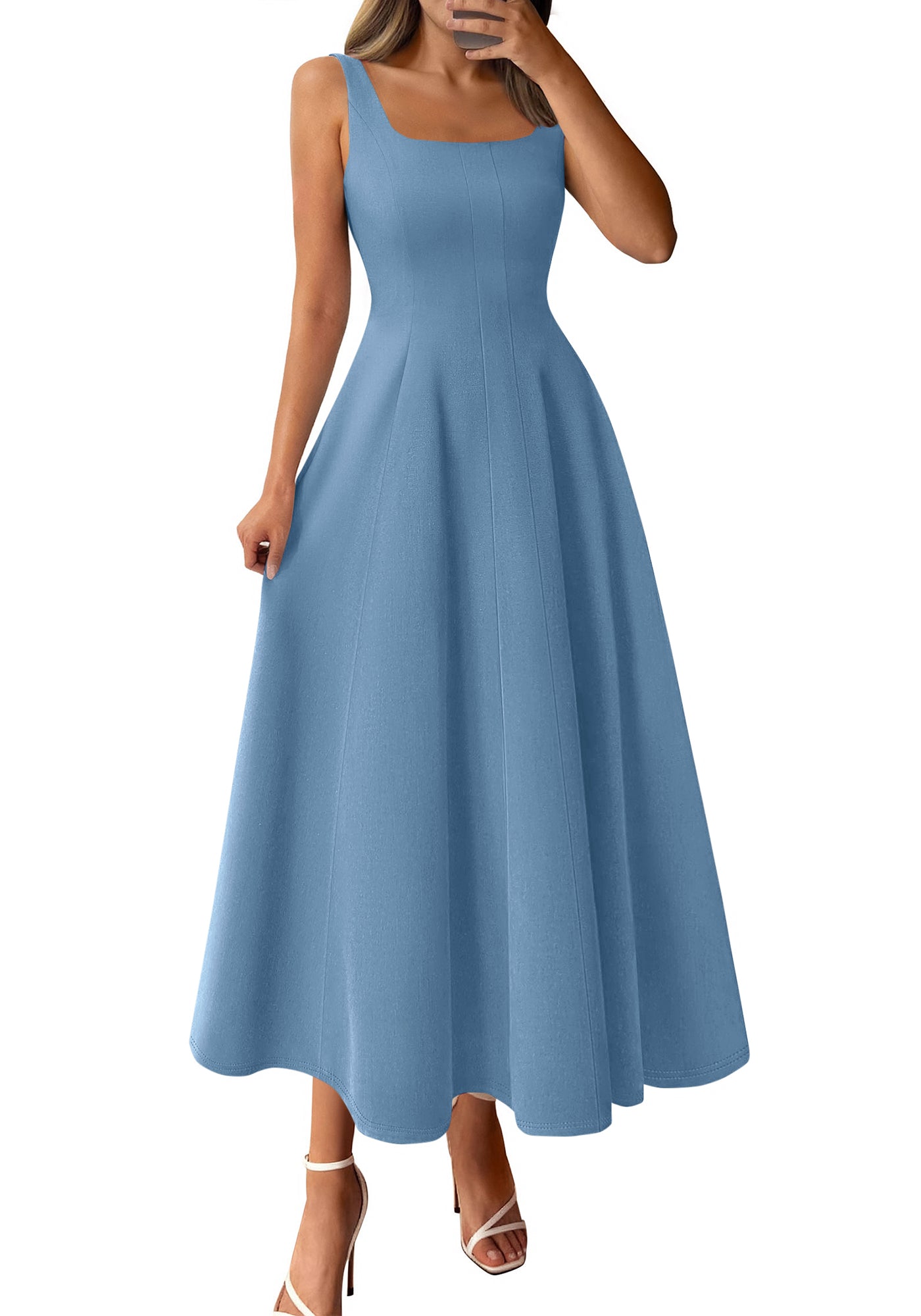 BTFBM Women Elegant Wedding Guest Dress Summer Square Neck Sleeveless Flowy A Line Formal Cocktail Party Maxi Dresses