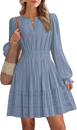 BTFBM Mini Dresses for Women 2025 Casual Lightweight Long Sleeve V Neck A Line Elastic Waist Party Holiday Dress