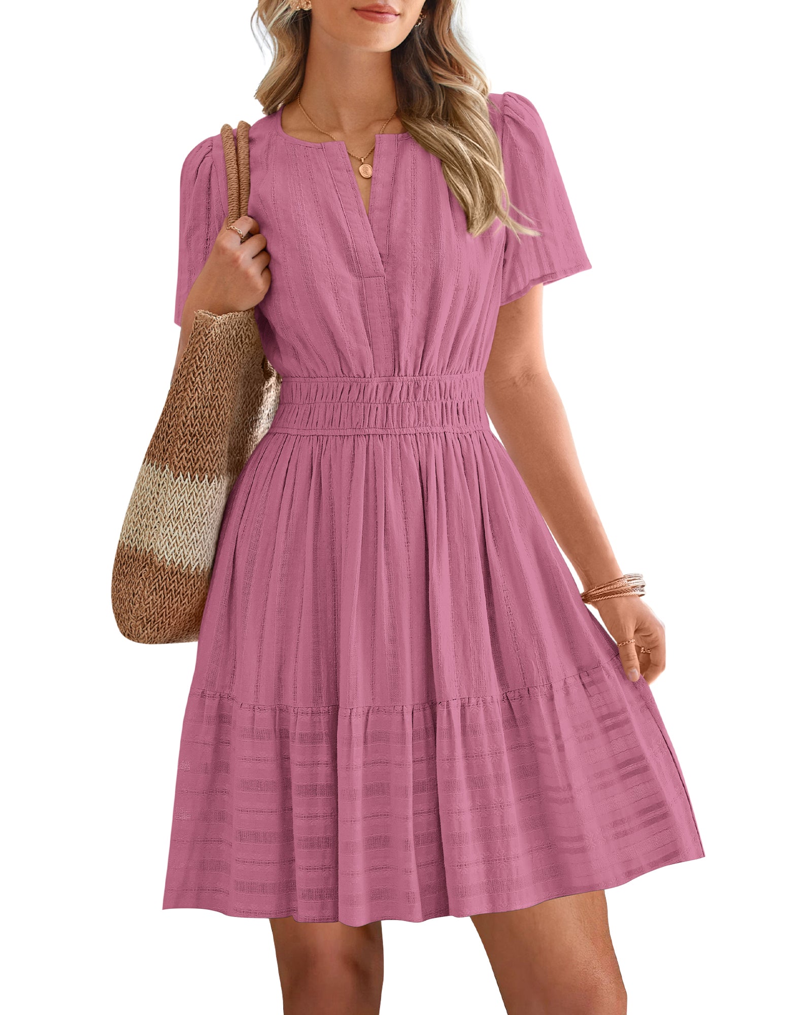 BTFBM Womens Spring 2026 Casual Mini Dresses Lightweight Short Sleeve V Neck Elastic Waist Cute Boho Beach Dress Pockets