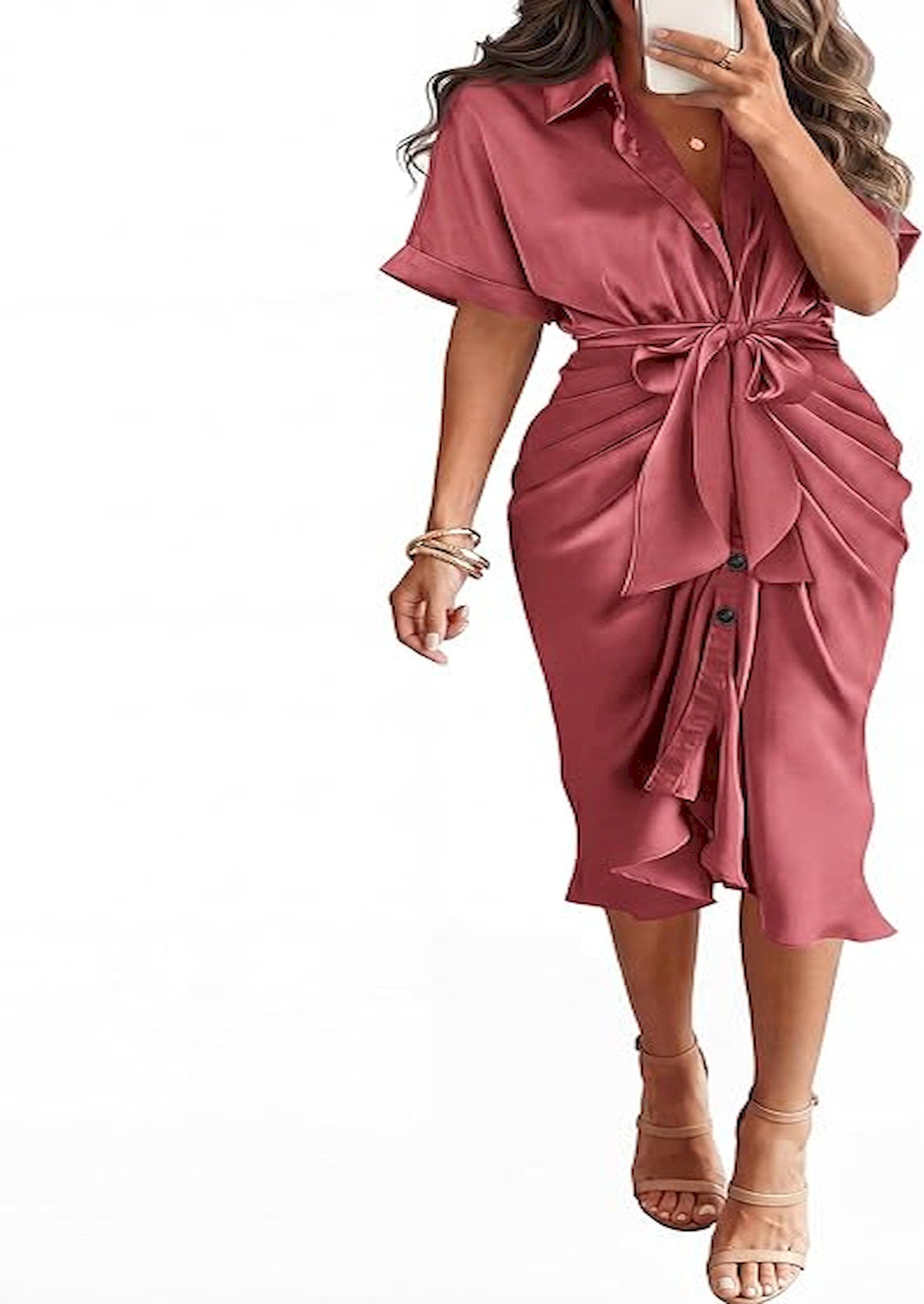 BTFBM Dresses for Women Summer Button Short Sleeve Silk Satin Ruched Spring Maxi Dress 2026 Cocktail Party Wedding