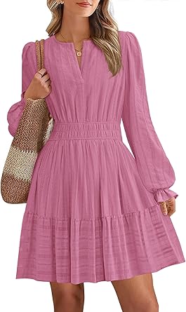 BTFBM Mini Dresses for Women 2025 Casual Lightweight Long Sleeve V Neck A Line Elastic Waist Party Holiday Dress