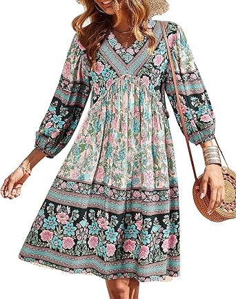 BTFBM Women Casual Spring Summer Dresses V Neck 3/4 Long Sleeve Ruffle Floral Flowy Boho Babydoll Mini Short Beach Dress