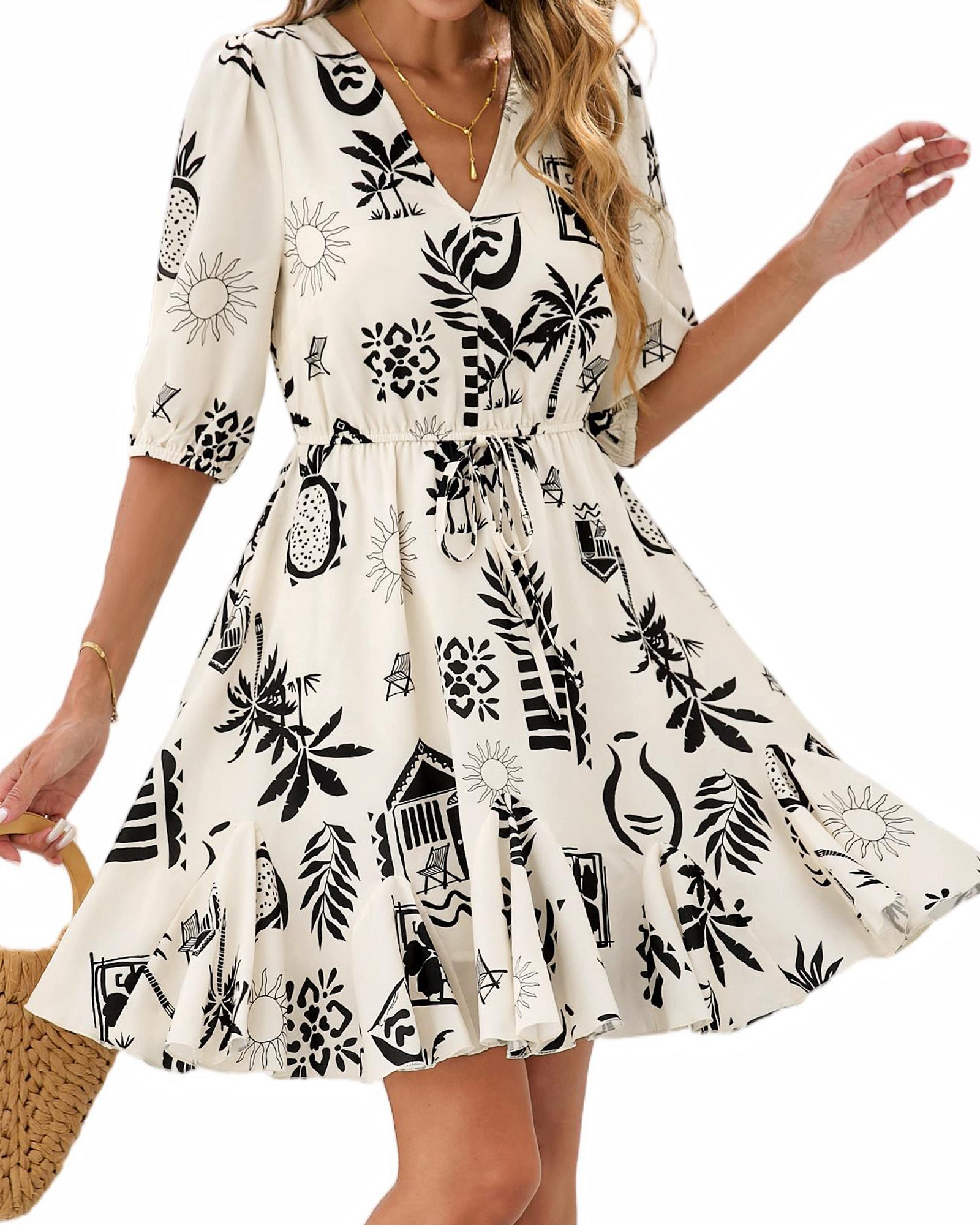 BTFBM Women Summer Spring Floral Boho Dress 2026 V Neck Short Sleeve Ruffle Beach Vacation Clothes Wedding Guest Dresses