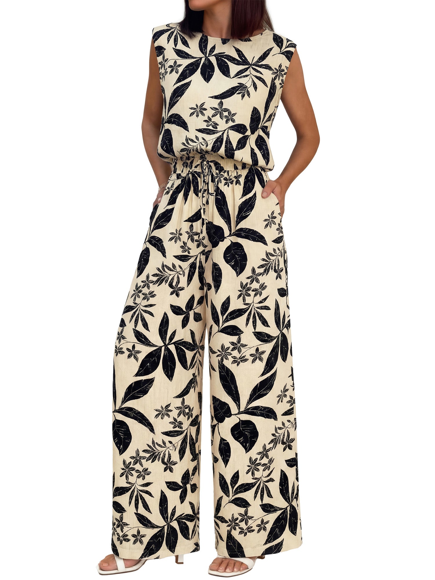 BTFBM Lounge Sets For Women Summer Sweatsuits 2 Piece Tracksuit Sleeveless Tops Wide Leg Pants Floral Vacation Outfits