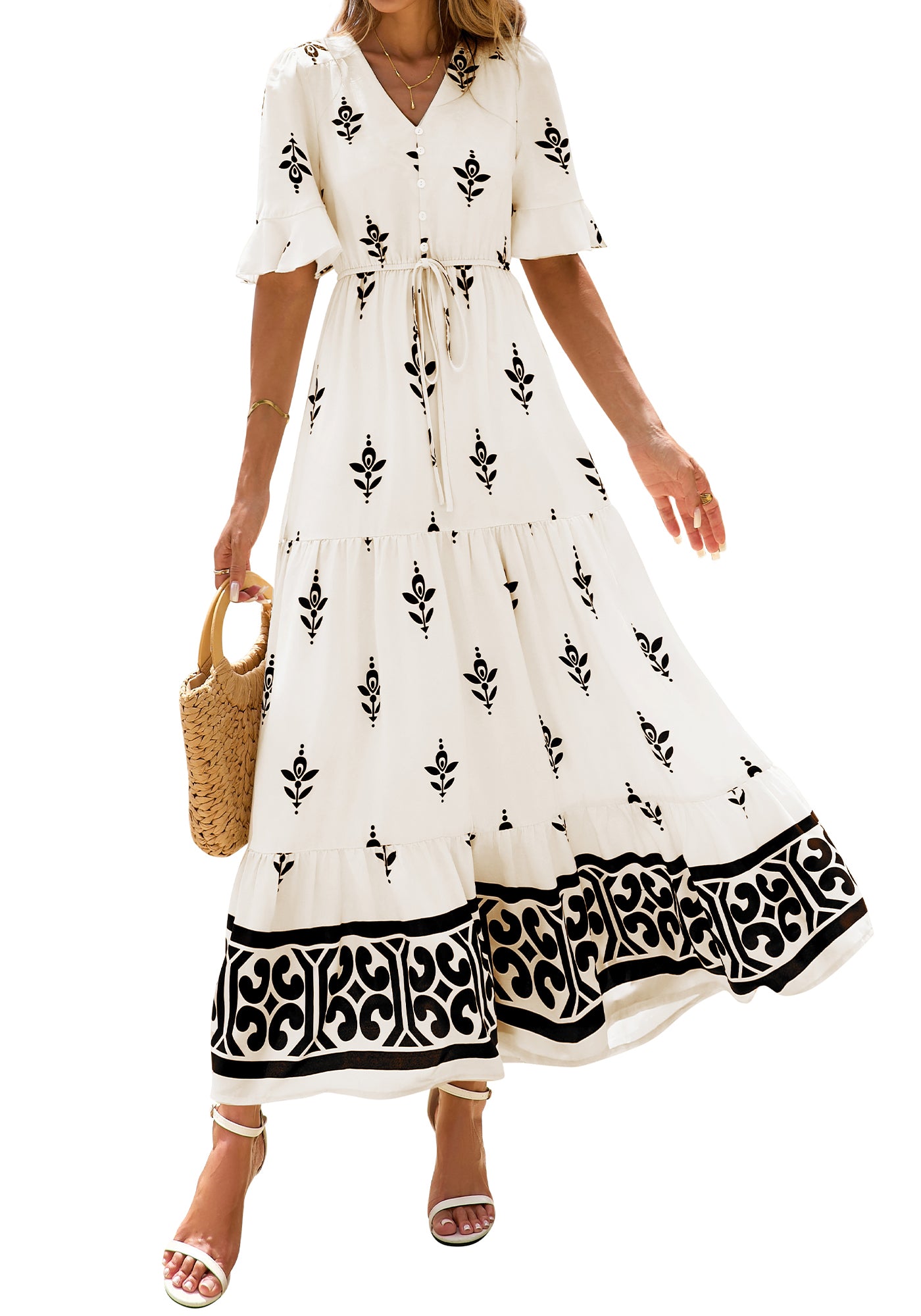 BTFBM Boho Dresses for Women 2026 Summer Spring Casual Floral Short Sleeve V Neck Flowy A-Line Maxi Party Dress Pockets
