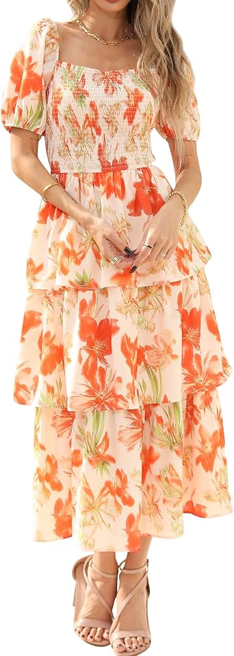BTFBM Womens Square Neck Smocked Dress Summer Puff Short Sleeve Floral Casual Ruffle Tiered Maxi Wedding Guest Dresses