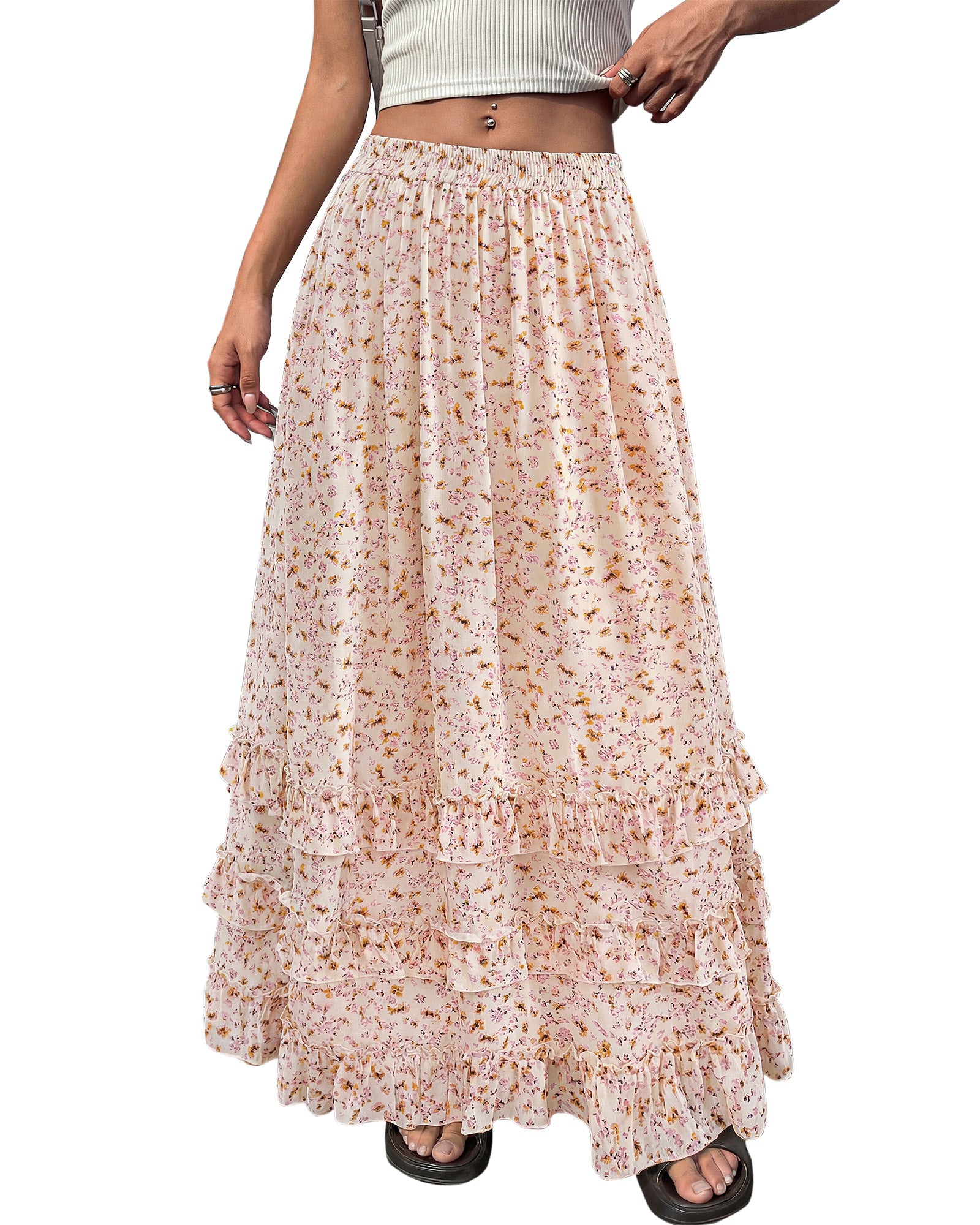 BTFBM Skirts for Women Summer Flowy A-Line Floral Boho Maxi Skirt Long Wedding Guest Dresses Spring Outfits 2026