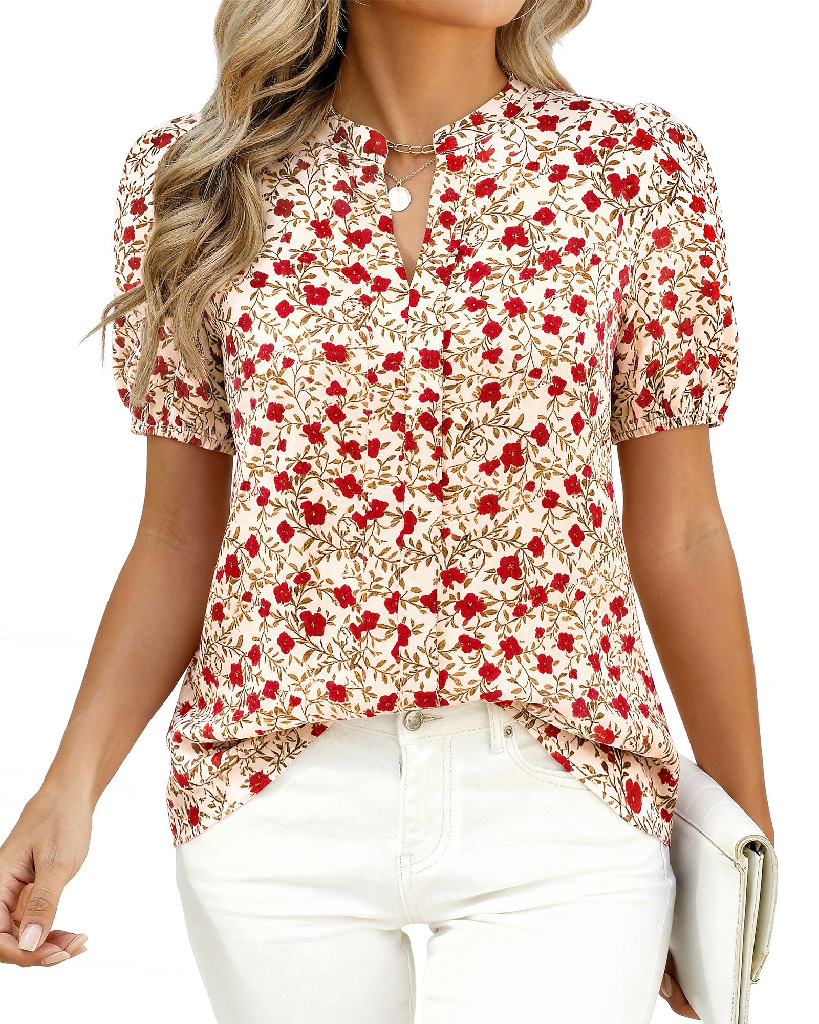 BTFBM Womens Tops 2026 Summer Casual Loose Puff Sleeve V Neck Floral Floral Work Blouse Dressy T Shirts Tunics