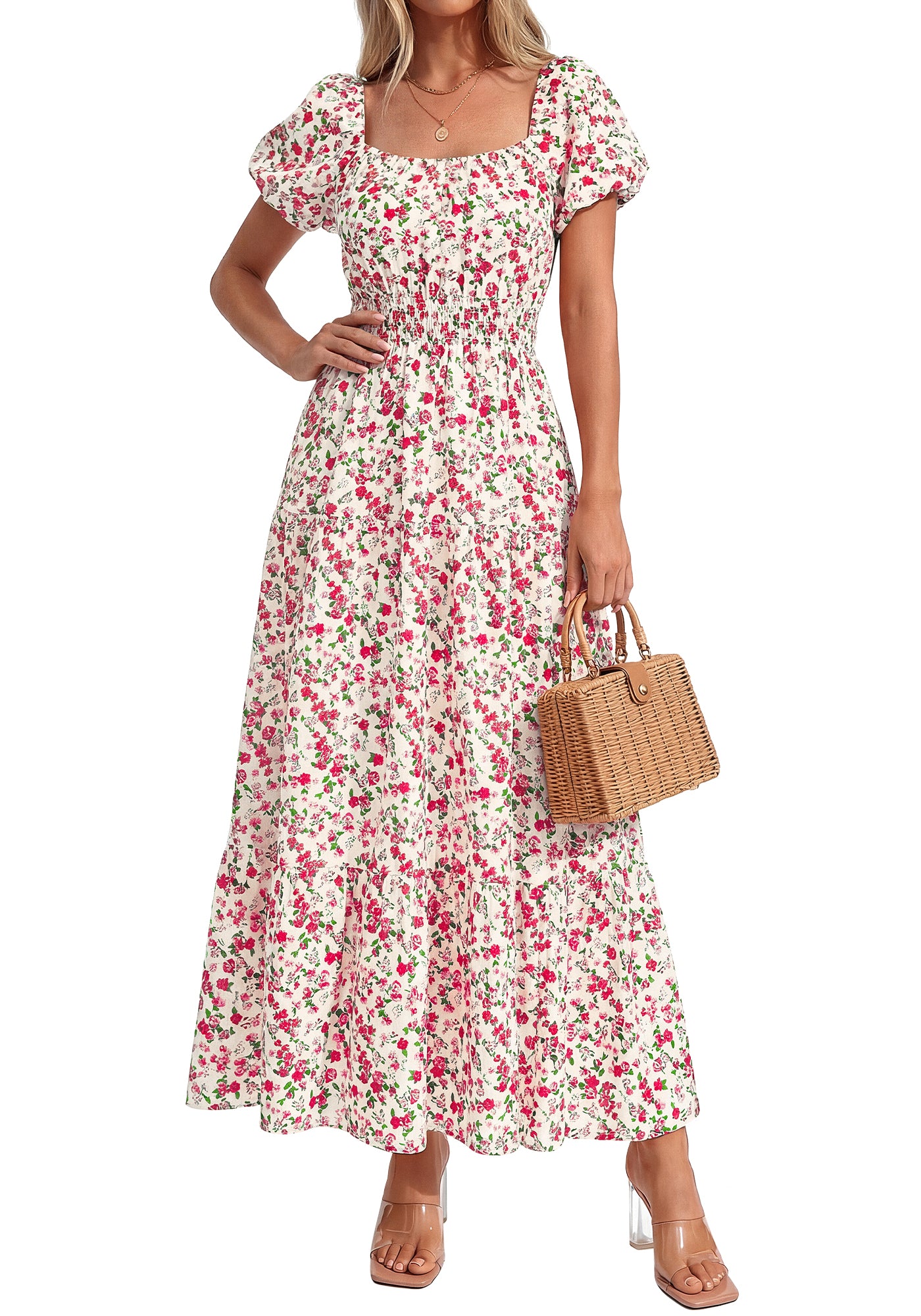 BTFBM Summer Dress For Women 2026 Spring Floral Short Sleeve Casual Flowy A-Line Smocked Tiered Maxi Dresses Pockets