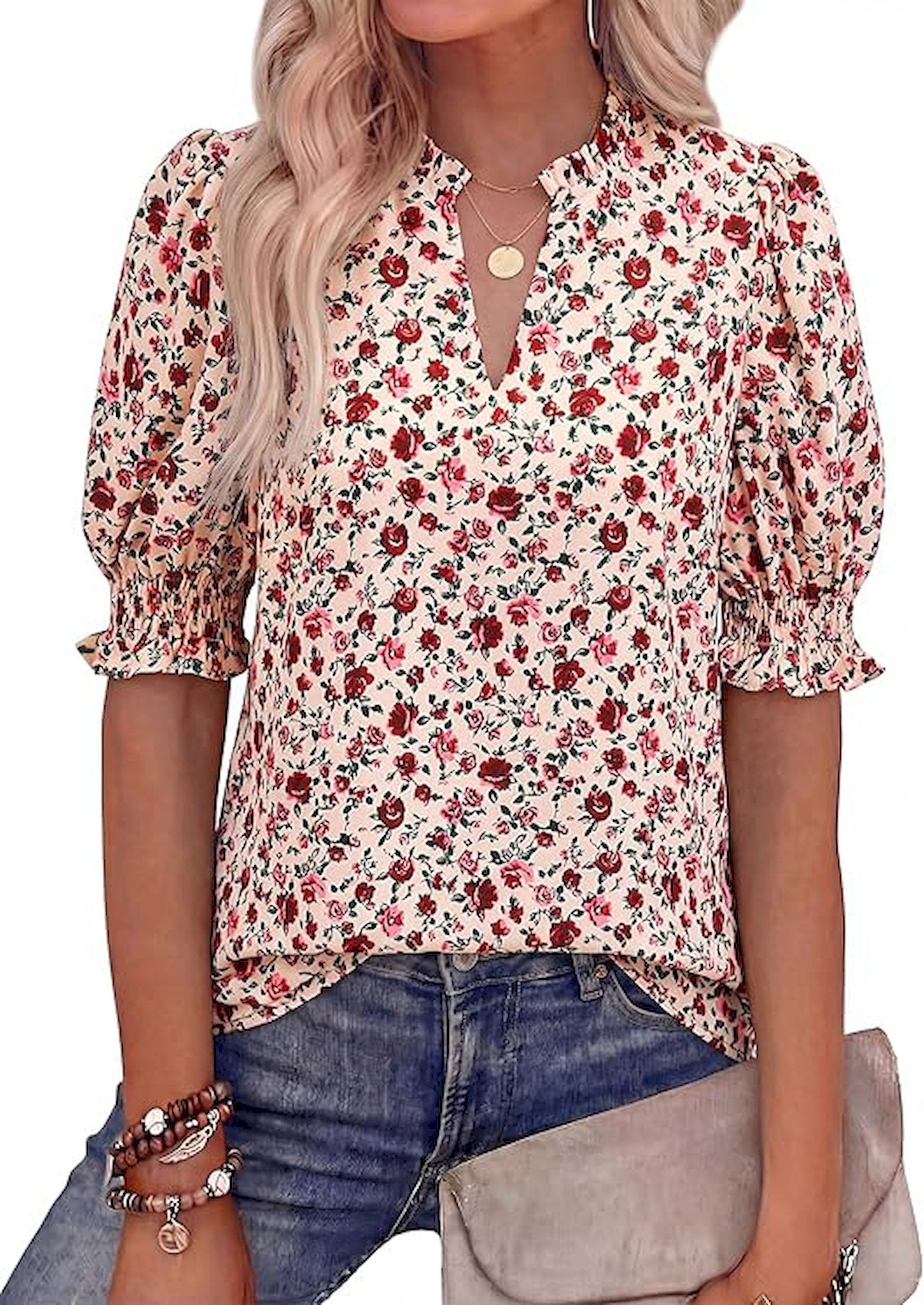 BTFBM Summer Blouses for Women Dressy Casual 2026 Fashion Spring Tops Floral Boho V Neck Puff Short Sleeve Top Shirts