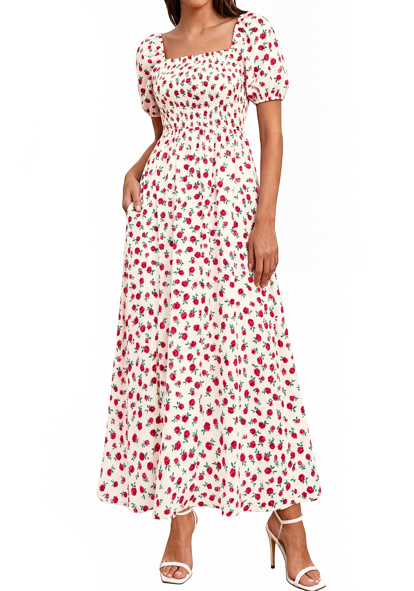 BTFBM Womens Spring Summer Dresses 2026 Square Neck Puff Short Sleeve Smocked Floral Boho Beach Wedding Guest Maxi Dress