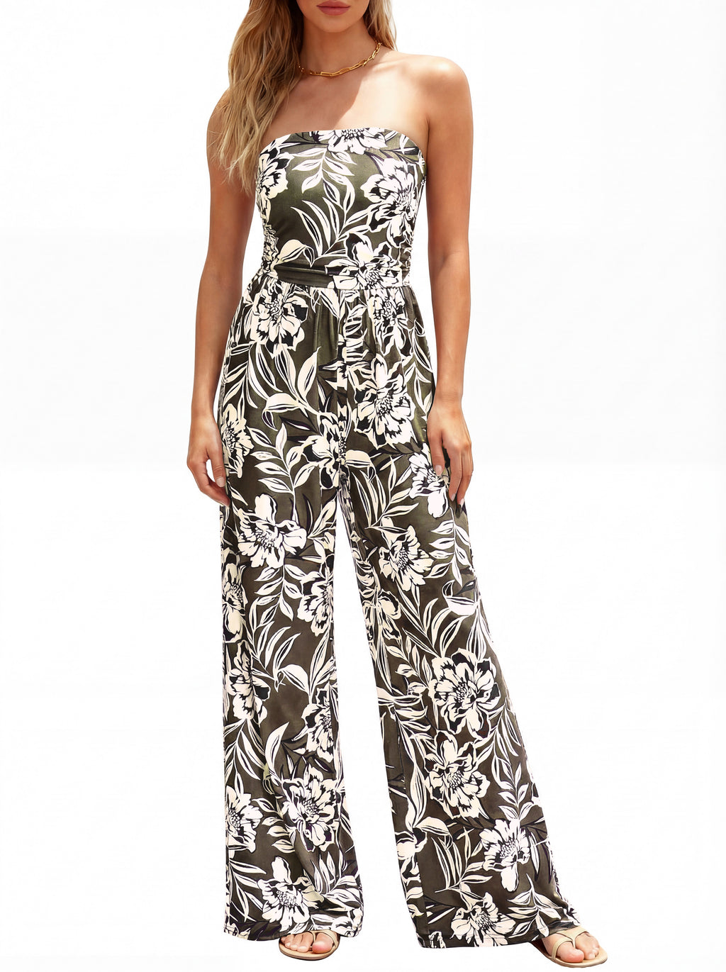 BTFBM Jumpsuits For Women Casual 2026 Floral Strapless Jumpsuit Wide Leg Rompers Beach Vacation Clothes Summer Outfits