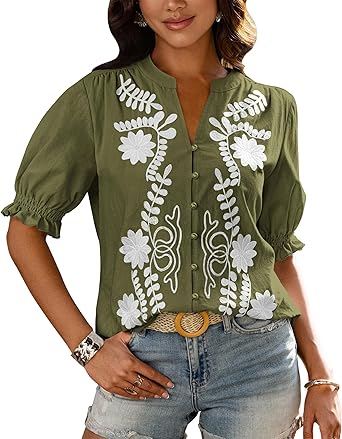 BTFBM Women's 2026 Spring Tops Casual Floral Boho V Neck Puff Short Sleeve Button Down Shirts Embroidered Blouses Tunic