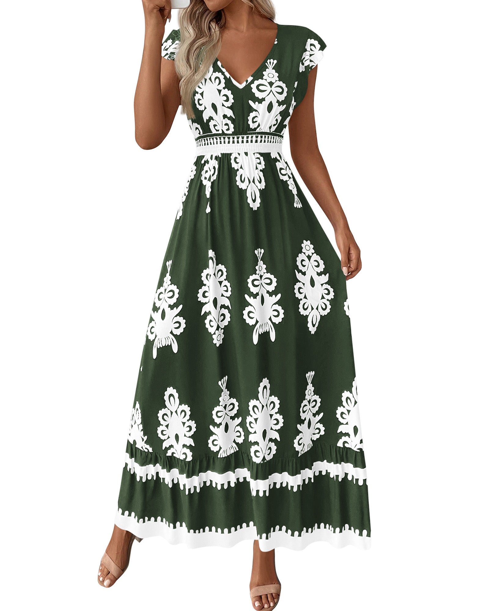 Summer Dresses for Women Beach Fashion Floral Short Sleeve V Neck Boho Long Wedding Guest Maxi Dress Spring