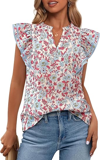BTFBM Womens Tops Dressy Casual 2026 Spring Summer Shirts Boho Floral V Neck Ruffle Cap Sleeve Business Work Blouses