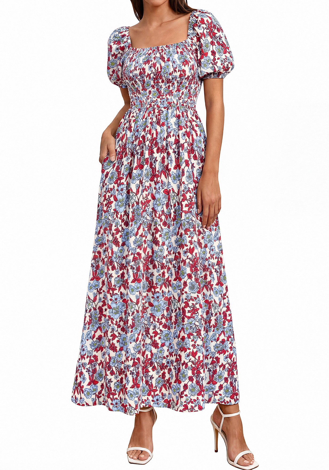 BTFBM Womens Spring Summer Dresses 2026 Square Neck Puff Short Sleeve Smocked Floral Boho Beach Wedding Guest Maxi Dress