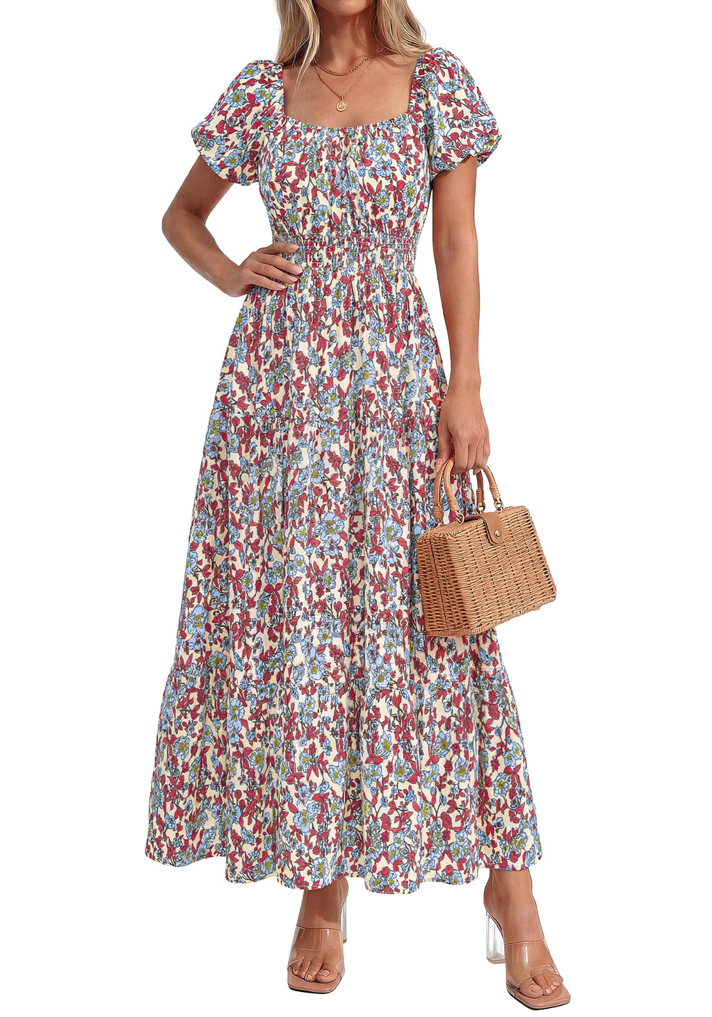 BTFBM Summer Dress For Women 2026 Spring Floral Short Sleeve Casual Flowy A-Line Smocked Tiered Maxi Dresses Pockets