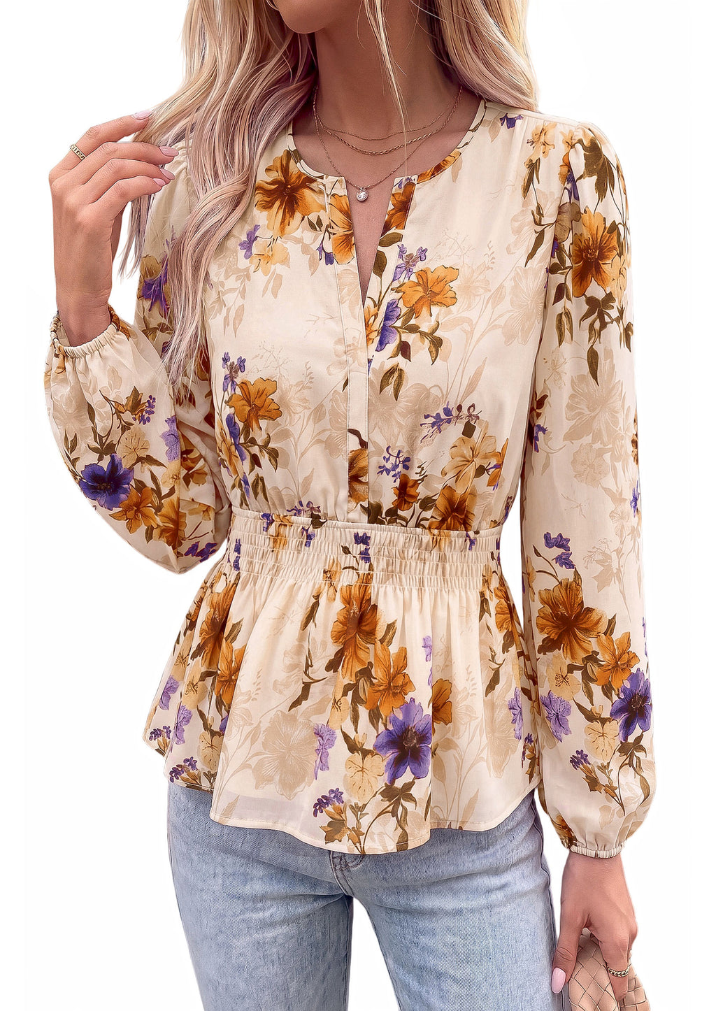 BTFBM Womens Tops Dressy Casual Floral V Neck Long Sleeve Chiffon Shirts | Chiffon Lantern Sleeve Flowy Peplum Sheer Top,Elastic Waist Babydoll Blouses,Boho Vacation Outfits,2026 Fall Fashion Clothing