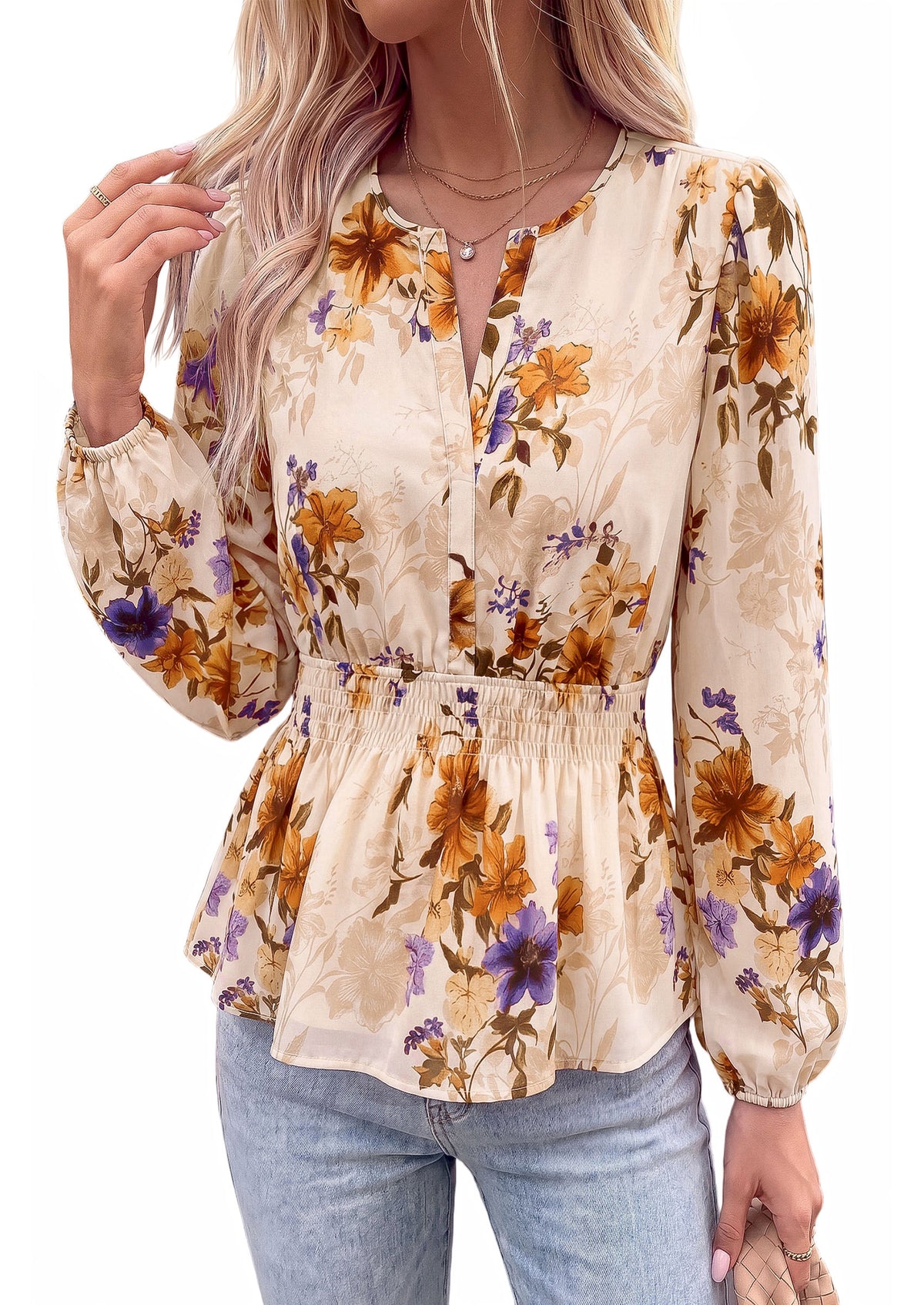 BTFBM Womens Tops Dressy Casual Floral V Neck Long Sleeve Chiffon Shirts | Chiffon Lantern Sleeve Flowy Peplum Sheer Top,Elastic Waist Babydoll Blouses,Boho Vacation Outfits,2026 Fall Fashion Clothing