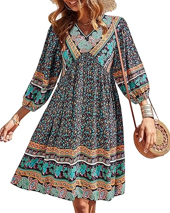 BTFBM Women Casual Spring Summer Dresses V Neck 3/4 Long Sleeve Ruffle Floral Flowy Boho Babydoll Mini Short Beach Dress