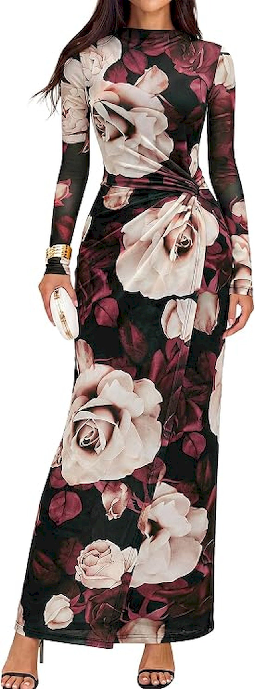 BTFBM Cocktail Dresses for Women Fall Fashion 2026 | Mock Neck, Floral, Sheer Mesh, Long Sleeve, Ruched, Twist Knot, Slit, Graduation,Baby Shower, Maxi Formal Wedding Guest Dress