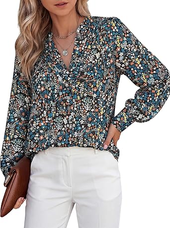 BTFBM Womens Tops Dressy Casual Spring 2026 Boho Floral V Neck Long Sleeve Half Button Down Shirt Work Business Blouses