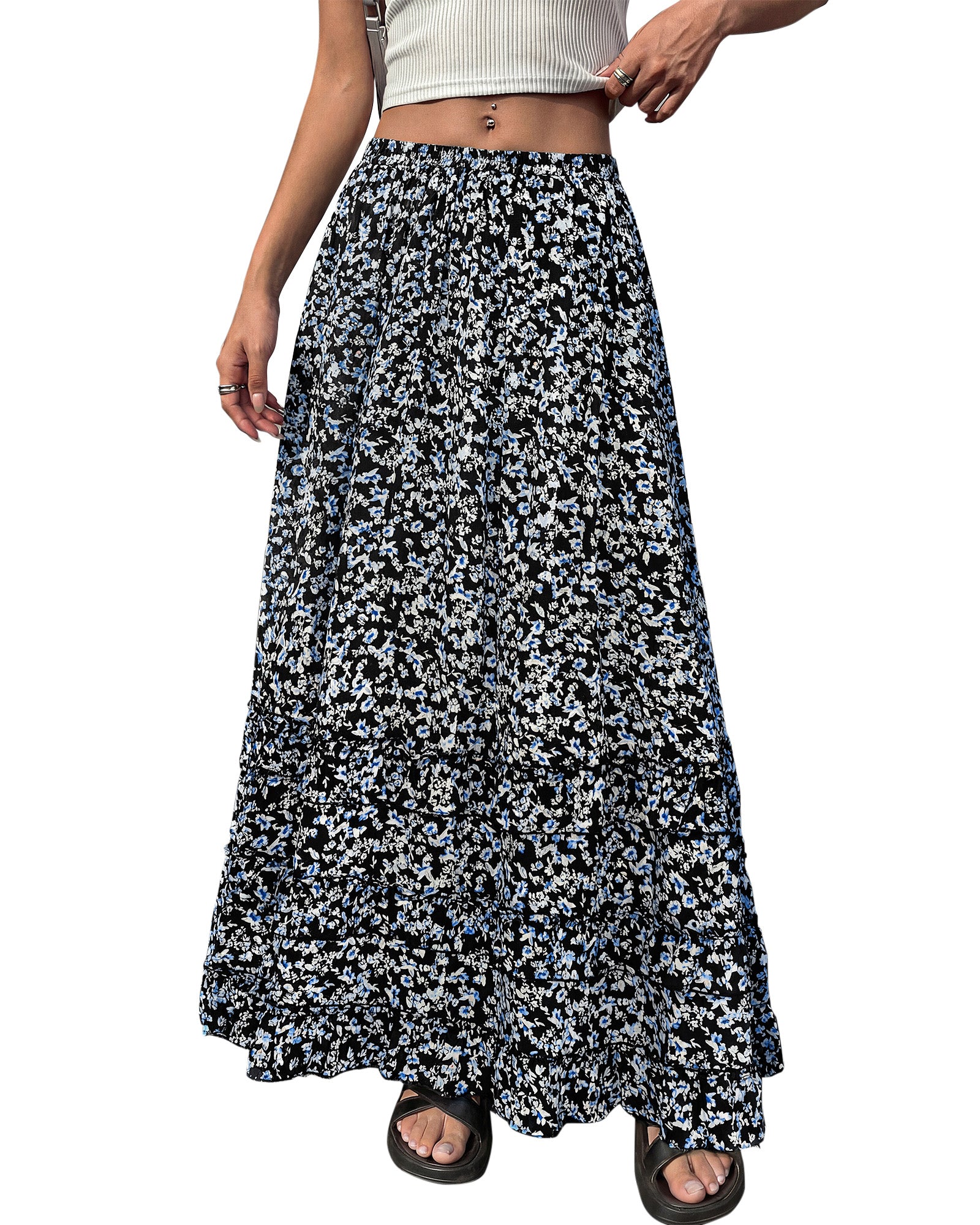 BTFBM Skirts for Women Summer Flowy A-Line Floral Boho Maxi Skirt Long Wedding Guest Dresses Spring Outfits 2026