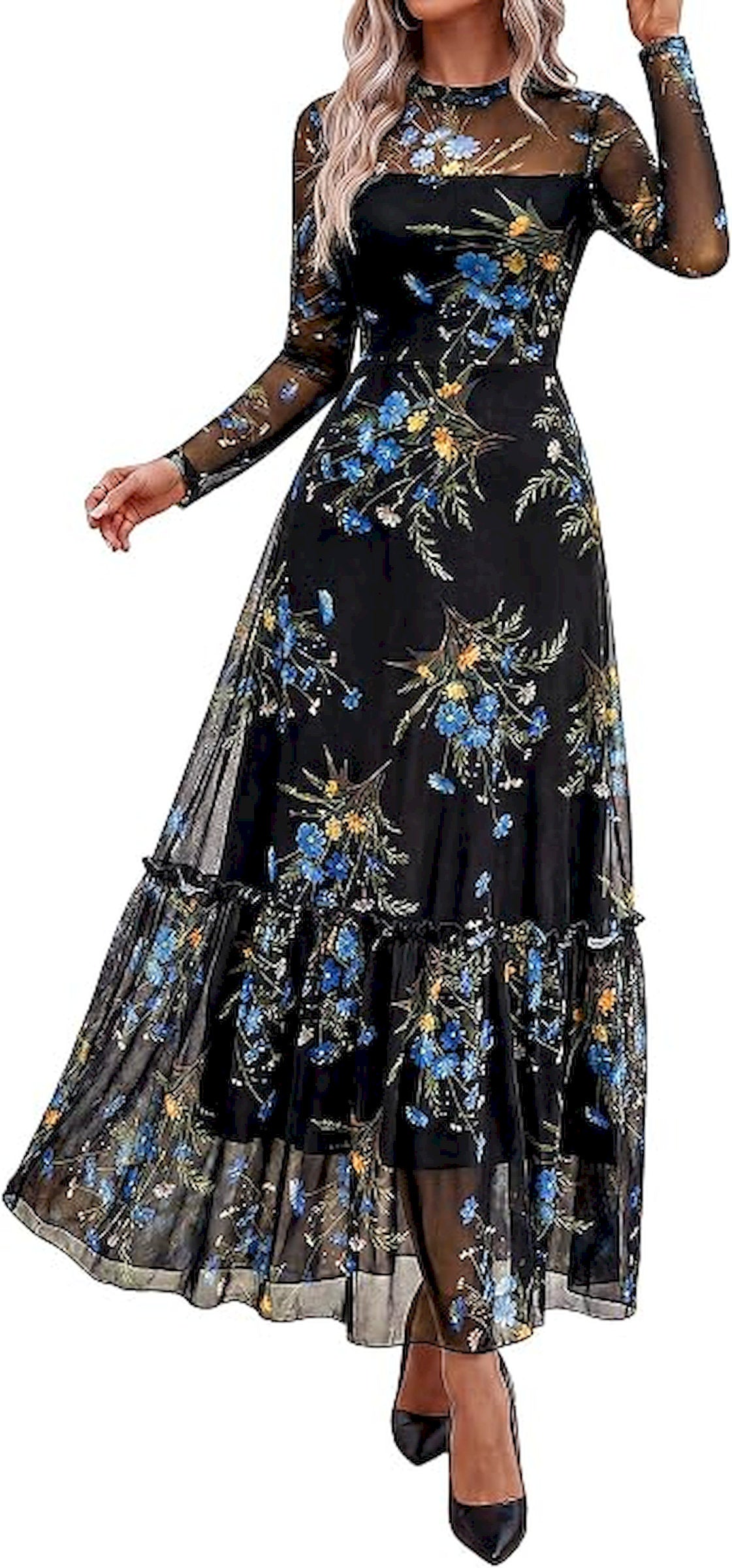 BTFBM Boho Mesh Long Sleeve Dress for Women | Mock Neck, Floral, A Line, Tiered, Baby Shower, Graduation, Wedding, Cocktail Maxi Dresses, 2026 Fall Fashion, Resort Wear