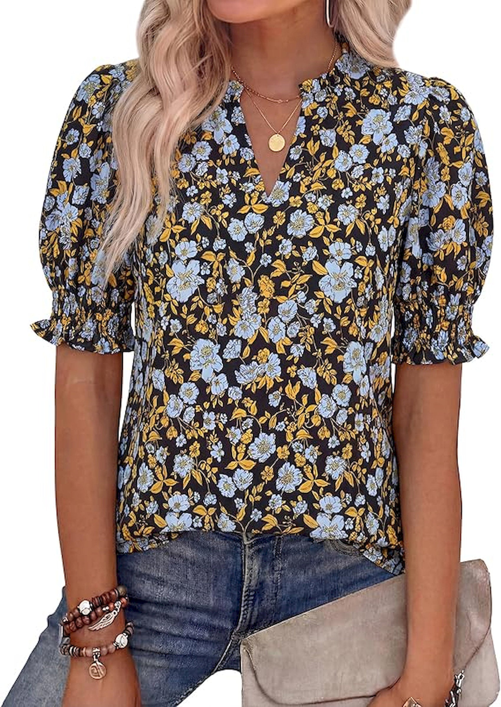BTFBM Summer Blouses for Women Dressy Casual 2026 Fashion Spring Tops Floral Boho V Neck Puff Short Sleeve Top Shirts