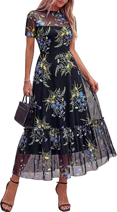 BTFBM Summer Dresses for Women 2026 Mesh Short Sleeve Floral Print Ruffle Long Boho Wedding Guest Dress Cocktail