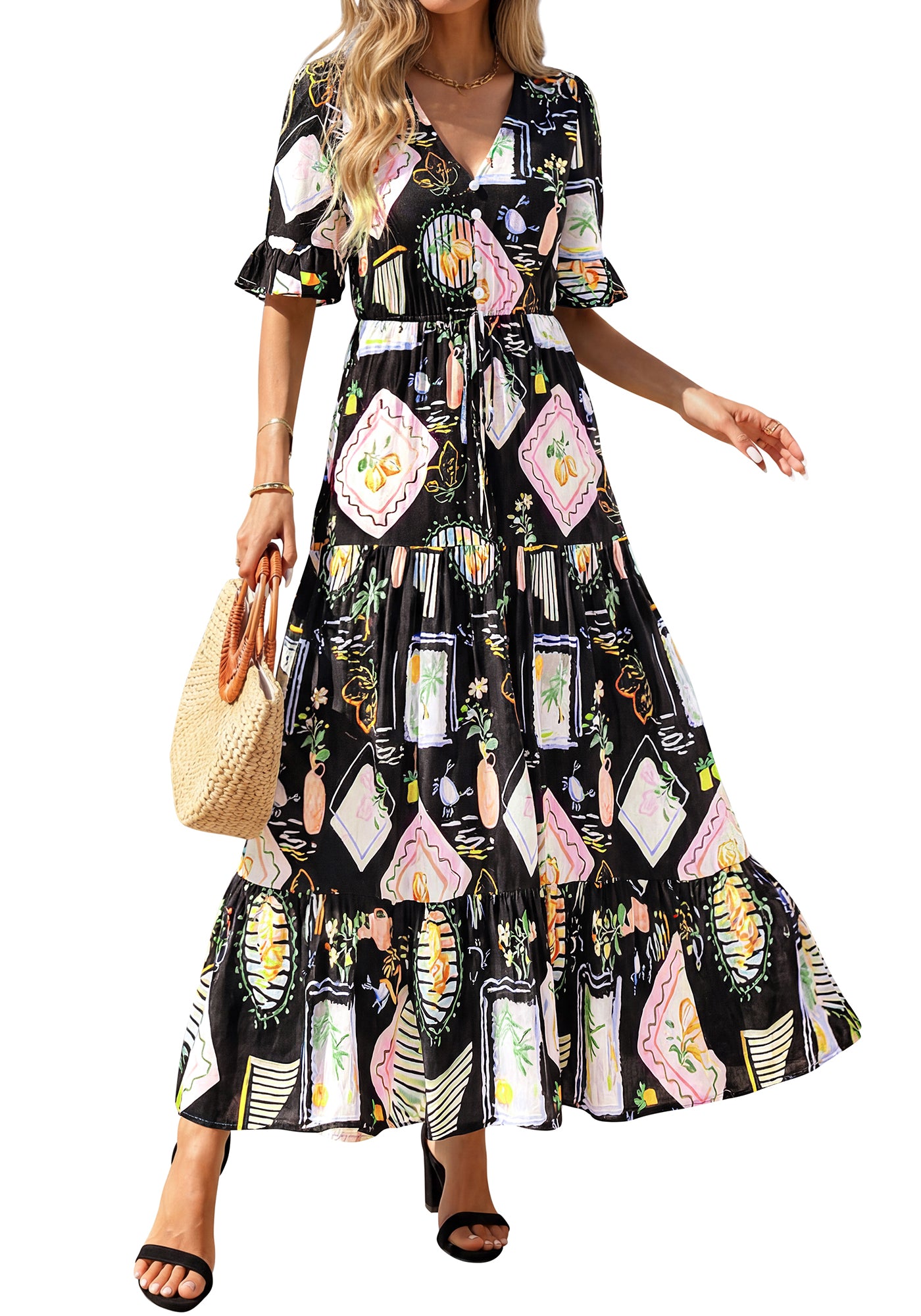 BTFBM Boho Dresses for Women 2026 Summer Spring Casual Floral Short Sleeve V Neck Flowy A-Line Maxi Party Dress Pockets