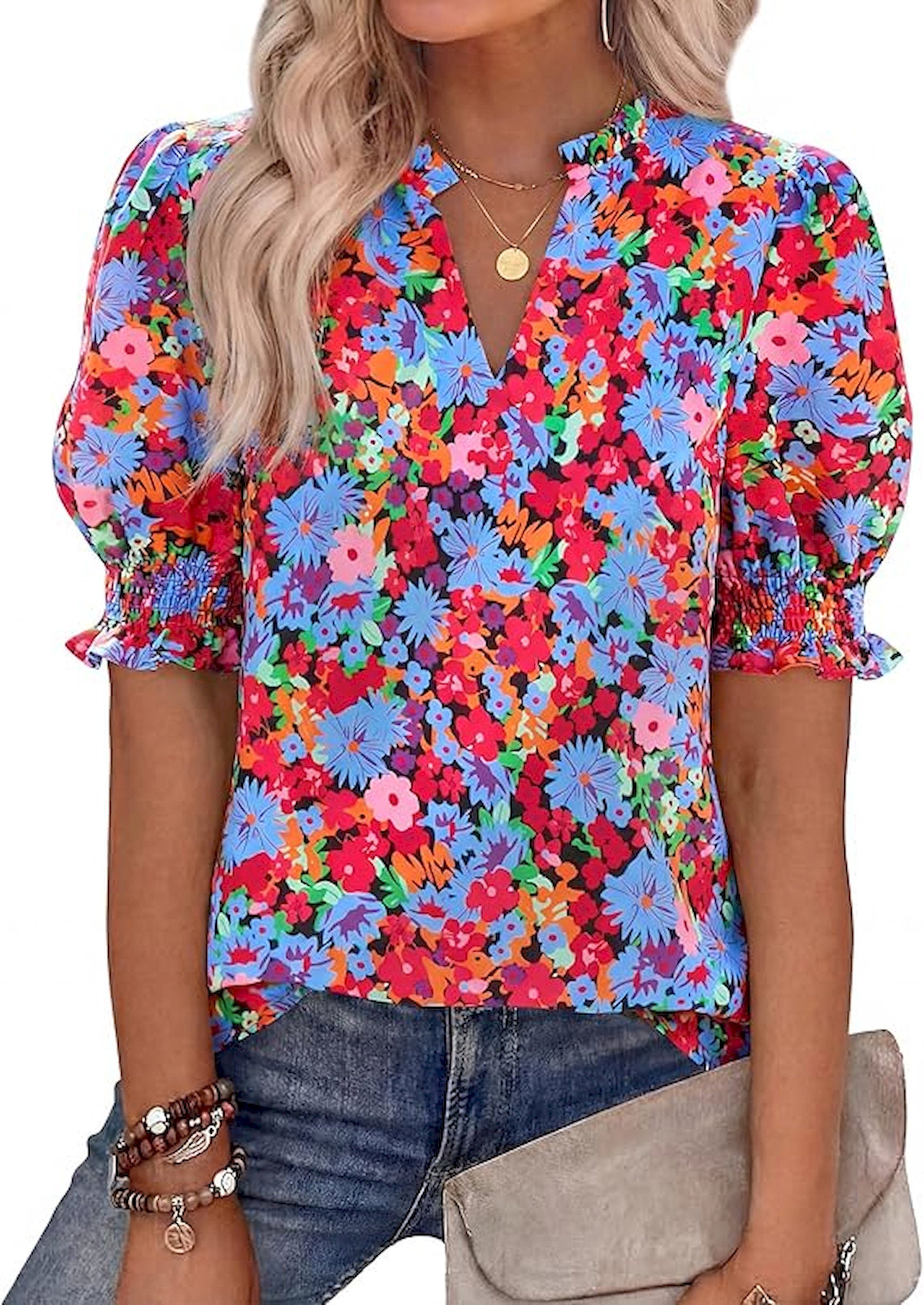 BTFBM Summer Blouses for Women Dressy Casual 2026 Fashion Spring Tops Floral Boho V Neck Puff Short Sleeve Top Shirts