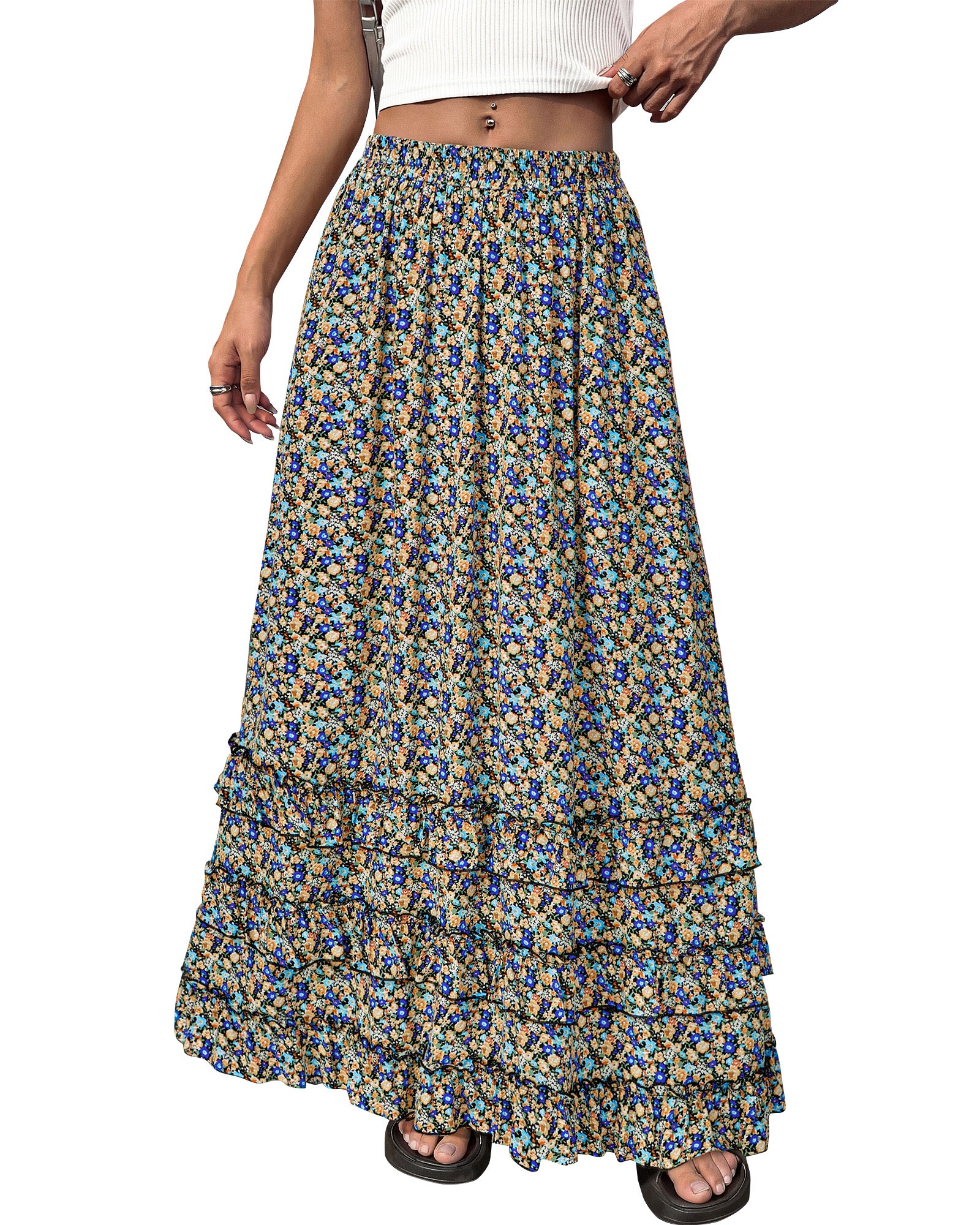 BTFBM Skirts for Women Summer Flowy A-Line Floral Boho Maxi Skirt Long Wedding Guest Dresses Spring Outfits 2026