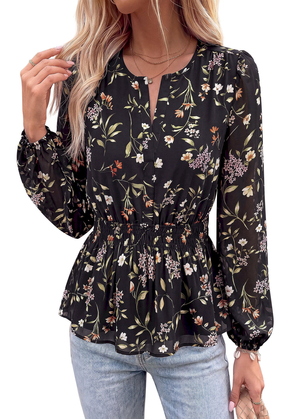 BTFBM Womens Tops Dressy Casual Floral V Neck Long Sleeve Chiffon Shirts | Chiffon Lantern Sleeve Flowy Peplum Sheer Top,Elastic Waist Babydoll Blouses,Boho Vacation Outfits,2026 Fall Fashion Clothing