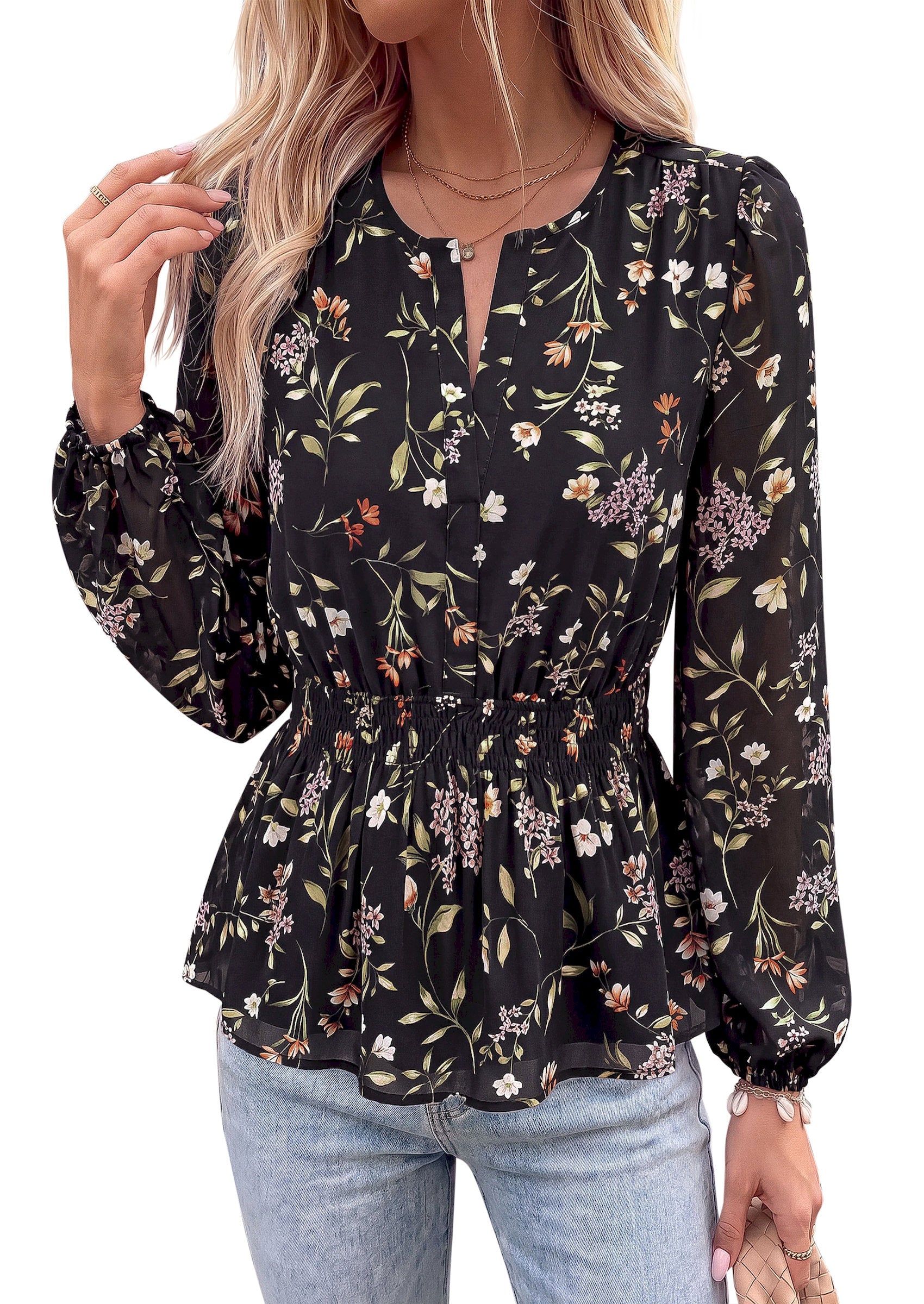 BTFBM Womens Tops Dressy Casual Floral V Neck Long Sleeve Chiffon Shirts | Chiffon Lantern Sleeve Flowy Peplum Sheer Top,Elastic Waist Babydoll Blouses,Boho Vacation Outfits,2026 Fall Fashion Clothing