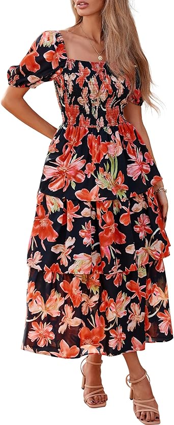 BTFBM Womens Square Neck Smocked Dress Summer Puff Short Sleeve Floral Casual Ruffle Tiered Maxi Wedding Guest Dresses