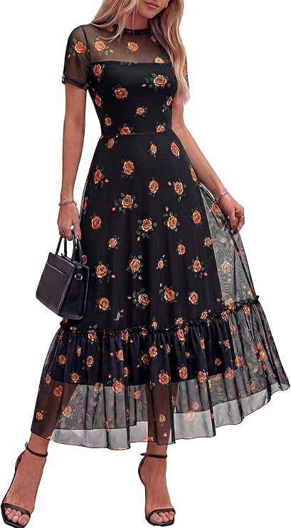 BTFBM Summer Dresses for Women 2026 Mesh Short Sleeve Floral Print Ruffle Long Boho Wedding Guest Dress Cocktail