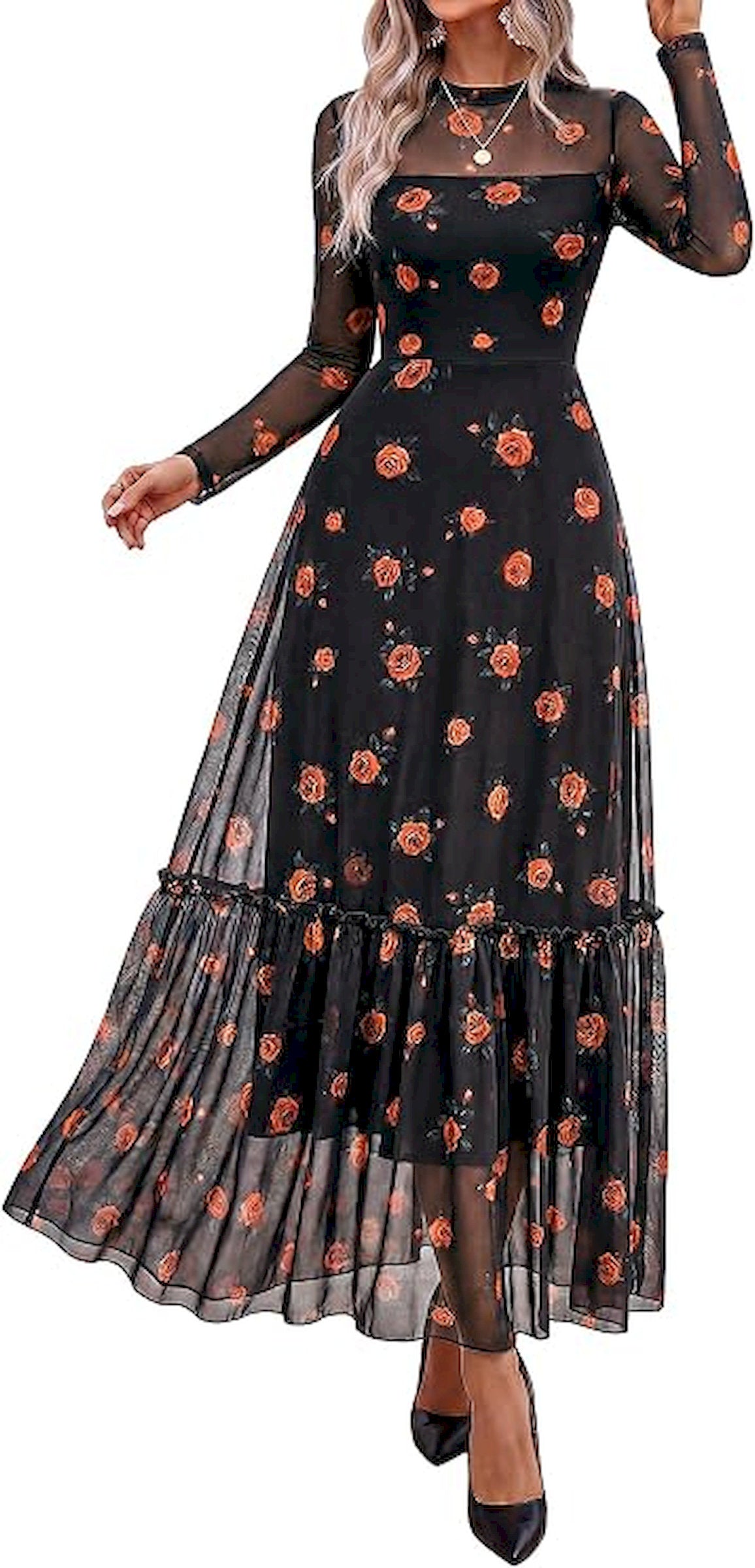BTFBM Boho Mesh Long Sleeve Dress for Women | Mock Neck, Floral, A Line, Tiered, Baby Shower, Graduation, Wedding, Cocktail Maxi Dresses, 2026 Fall Fashion, Resort Wear