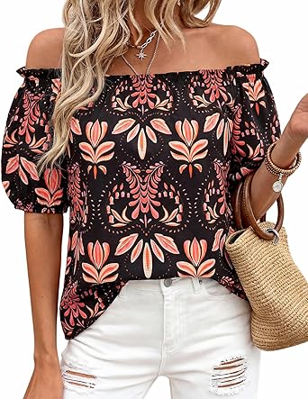 BTFBM Off The Shoulder Spring Tops for Women Summer Blouses Boho Floral Short Sleeve Shirts Dressy Casual Outfits 2026