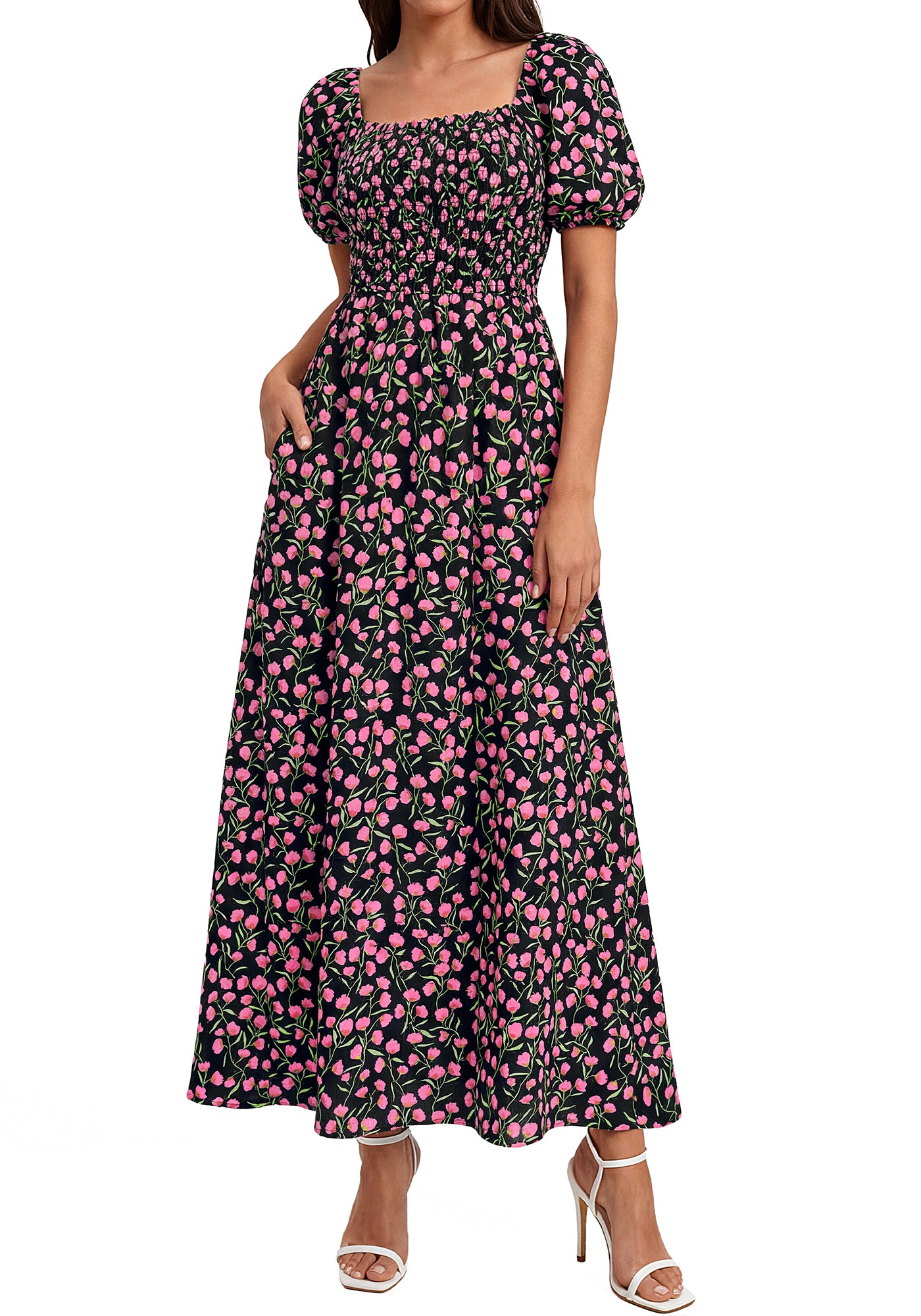 BTFBM Womens Spring Summer Dresses 2026 Square Neck Puff Short Sleeve Smocked Floral Boho Beach Wedding Guest Maxi Dress